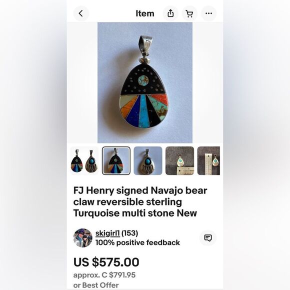 FJ Henry Signed Navajo Reversible Sterling Silver Turquoise Multi-Stone Necklace - Picture 14 of 14